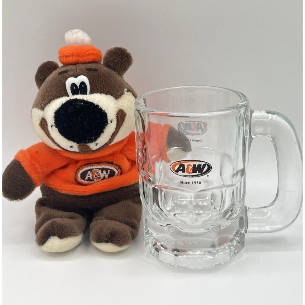 Vintage A&W Root Beer Root Bear Plush & Glass Mug Stein Advertising Lot